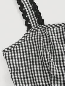 SHEIN MOD 女式黑白格子印花领结连衣裙，适合情人节、度假、可爱、波西米亚风、音乐节 - 黑與白 - 查看 3