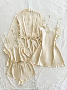 SilkySpell 4pcs Set: Embroidery Lace V-Neck Faux Silk Camisole Nightgown + Camisole Top + Shorts + Bathrobe Silk Pajama Set Women Satin Sleepwear Set Silk Sleepwear Women Silk Robe Set Lace Trim Satin Pajama Set, Fall Clothes