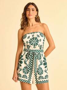 CAJUNI 女士度假风花卉印花抹胸腰系带无袖连体裤，绿色，适合暑假、约会、派对、海滩 - 彩色 - 查看 5