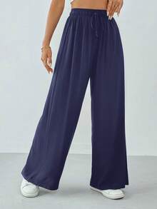 SHEIN Tall Women Spring/Summer Casual Solid Color Drawstring Wide Leg Pants Navy Blue Pants - Royal Blue - View 4