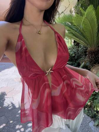 Sunnyshic 女士度假性感交叉露背扎染挂脖吊带背心