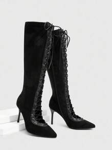 CUCCOO SZL 女士尖头细高跟黑色绒面革时尚靴子，适合派对和夜总会穿着，系带和侧拉链 - 黑色 - 查看 2