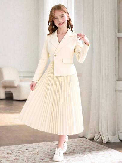 少女纯色不对称翻领腰部收腰褶皱连衣裙，别致优雅