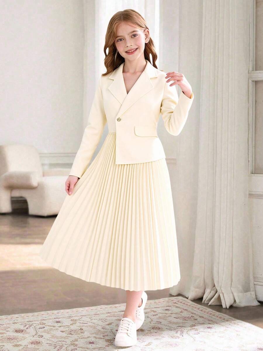 少女纯色不对称翻领腰部收腰褶皱连衣裙，别致优雅