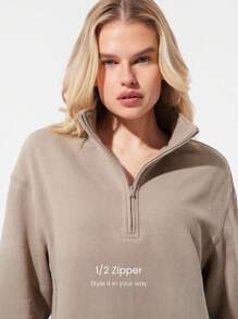 GLOWMODE Everyday Fleece Loose Hip Length Half-Zip Long Sleeve Sweatshirt With Side Pockets Daily Casual Fall Winter Fall Winter - Khaki - View 3