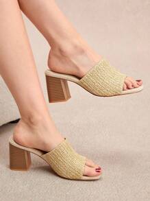 Rosivie 优雅米色编织方头粗高跟凉鞋，适合女士，时尚度假海滩装，时尚博主穿着 - 米色 - 查看 4