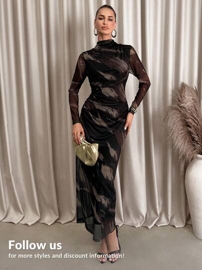 Lavishia Black & Coffee Abstract Print Long Sleeve Fitted Dress For Women Turtle Neck Long Sleeve