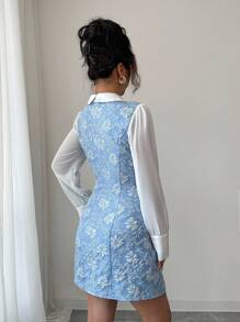 Elenzga Vestido elegante y romántico de 2 en 1 con decoración de lazo y bloques de color para mujer - Azul - Ver 2