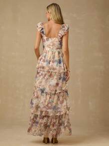 Enchnt 春夏浪漫女士卡其色花卉印花高开衩甜心领荷叶边下摆长裙，甜美优雅，适合度假、约会、节日、派对、毕业典礼、婚礼宾客和海滩，舞会礼服，女士夏季连衣裙，女士太阳裙，夏季服装，优雅的派对连衣裙 - 彩色 - 查看 7