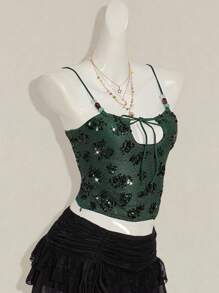 SHEIN ICON Sequin Embroidered Bead Decorated Women's Shiny Sequin Patchwork Camisole - Green - View 7