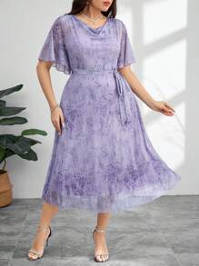 Modelyn Plus Size Elegant All-Over Print Cowl Neck Summer Dress - Purple - View 3