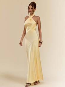 SHEIN BAE 性感简约纯黄色缎面抹胸露背连衣裙，适合派对、鸡尾酒会、正式场合、伴娘礼服、生日派对