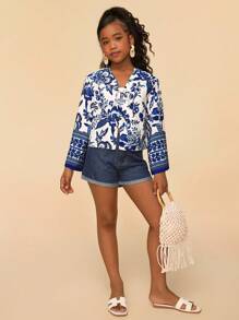 SHEIN Tween Girls' Floral Pattern Long Sleeve Casual Vacation Blouse - Blue and White - View 3