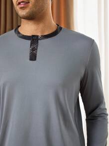 Bộ đồ ngủ dài tay và quần dài kẻ caro chắp vá cho nam, trang phục mùa thu - Màu xám đen - Xem 8