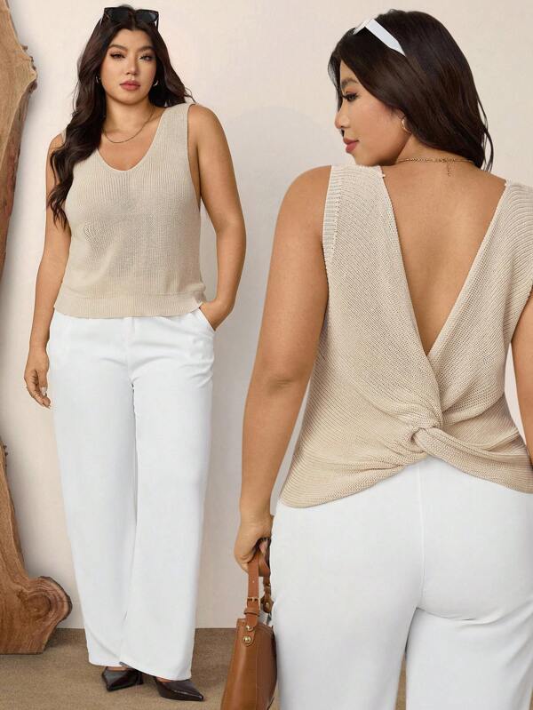 Zelara Plus Size Women's Solid Color V-Neck Sleeveless Casual Knitted Top Navycore Outfits Going Out Tops Women Knit Top Women Sweater Tank Summer Tops Women