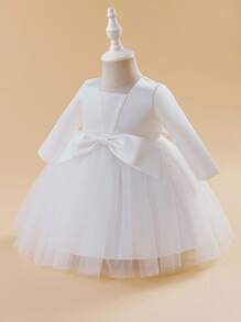 Glamorique Kids Rochie de fetiță cu flori, cu mânecă lungă și decor din satin plasă, cu fundă, din satin, pentru bebeluși, fustă bufantă, tutu, pentru nuntă, ziua de naștere, petrecere, rochie elegantă de înaltă calitate - Bej - Vizualizare 4