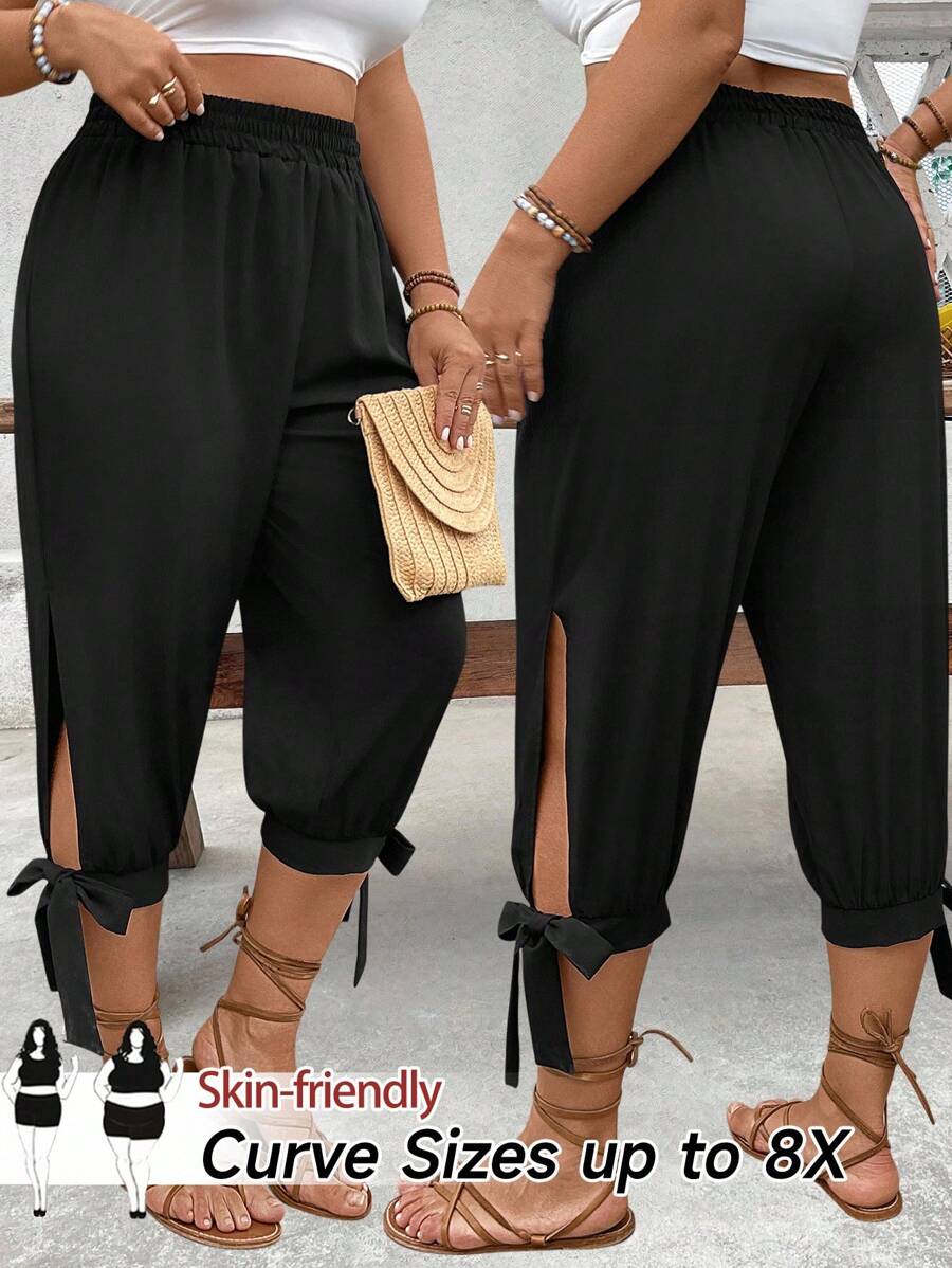 SHEIN CURVE+ Quần lửng 3/4 cạp cao, dây rút buộc mắt cá chân, màu trơn dành cho nữ cỡ lớn, thích hợp cho mùa xuân và hè. - màu đen - Xem 1