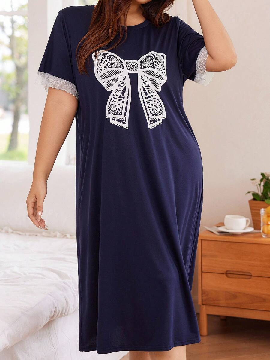 SHEIN 大码蝴蝶结印花撞色蕾丝休闲睡袍 - 藏蓝色 - 查看 1