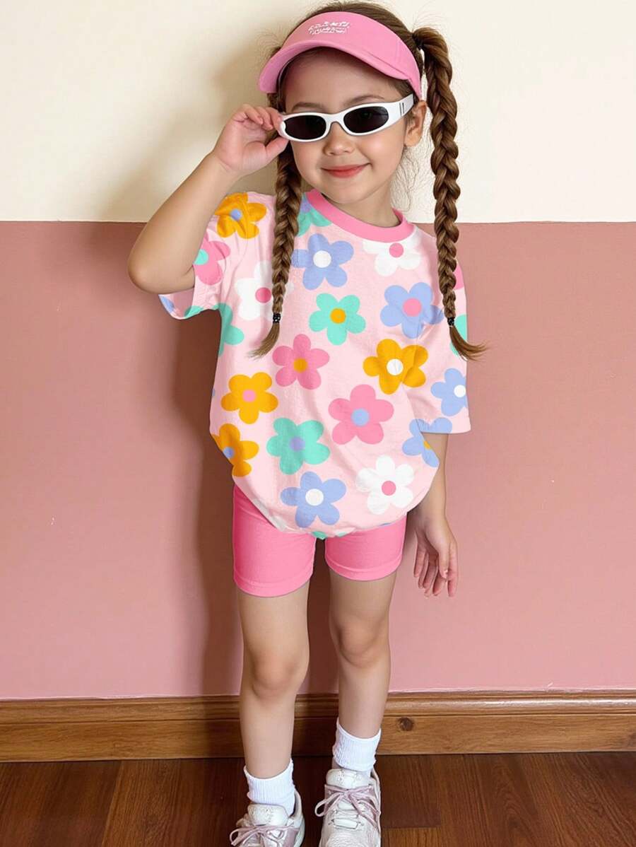 SHEIN Bộ 2 áo thun tay ngắn cổ tròn rộng rãi cho bé gái và quần short bó, họa tiết Dopamine hoa nhiều màu sắc dễ thương, màu hồng kem, thoải mái, dễ chịu, mát mẻ, trang phục thường ngày, quần áo họa tiết trẻ em, trở lại trường - Nhiều màu - Xem 1