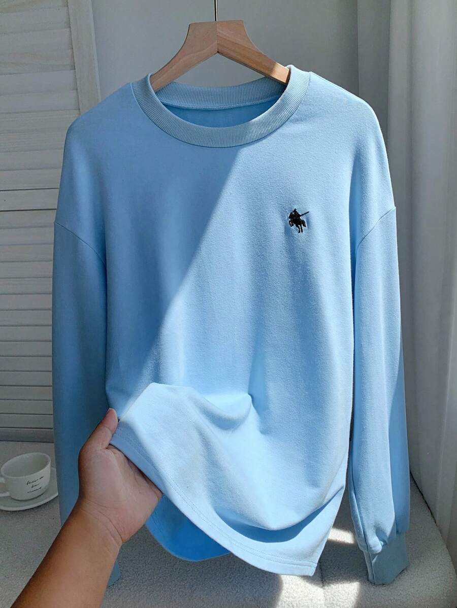 Comfortcana Women's Casual Versatile Embroidered Detail Solid Color Sweatshirt,Back To School In Fall/Winter - Blue - View 1