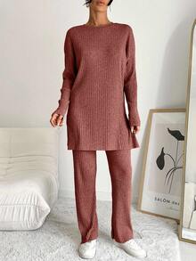 EURMUSE 100%Cotton Drop Shoulder Split Hem Tee & Pants - Dusty Pink - View 4
