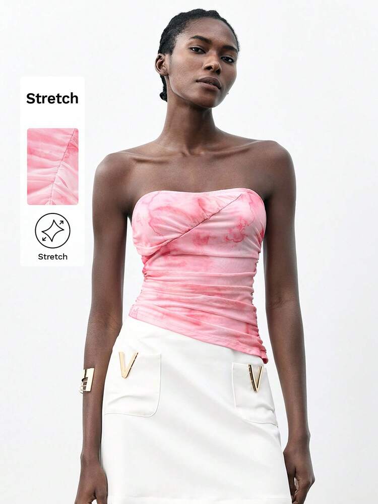 SHEIN Maija Women's Pink Ditsy Floral Versatile Summer Casual Elegant Urban Design Fitted Ruched Ditsy Floral Charming Girly Festival Top Business Casual Wear, Office Wear