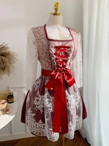 SHEIN EZwear 蕾丝对比拼布提花甜美浪漫 Dirndl 加大码 A 字连衣裙 - 粉色 - 查看 1