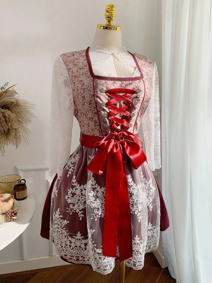 SHEIN EZwear 蕾丝对比拼布提花甜美浪漫 Dirndl 加大码 A 字连衣裙 - 粉色 - 查看 1