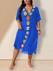 Swim Lushoire Plus Size Women Floral Handmade Crochet Kaftan Dress, Holiday Style For Summer Beach Vacation - Blue - View 4