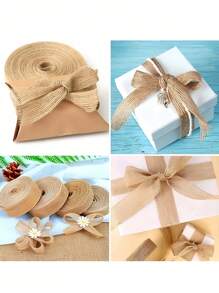 1 Rollo de 10 metros de cinta de lino natural gruesa. Rollo de cinta de lino con bordes sin acabar para manualidades de boda, envoltura de regalos, coronas de otoño, decoración hecha a mano - Caqui - Ver 4