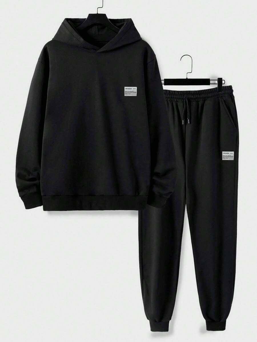 EURMUSE Cotton Men Letter Patched Hoodie & Drawstring Waist Sweatpants - Black - View 1