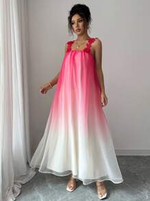 Elenzga Vestido de tirantes de encaje de estilo de vacaciones con degradado de colores para mujer - Multicolor - Ver 1