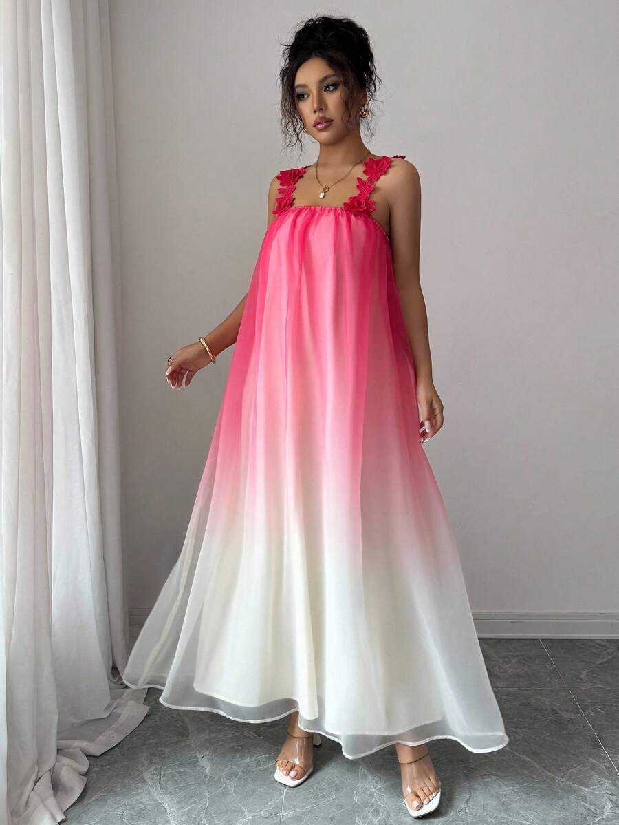 Elenzga Vestido de tirantes de encaje de estilo de vacaciones con degradado de colores para mujer - Multicolor - Ver 1