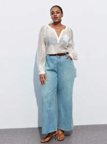 Maija 大码女式缺口V领插肩袖宽松透明衬衫 - 白色 - 查看 7