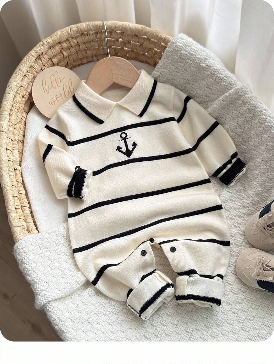 SHEIN Newborn Baby Boy/Girl Cute Colorblock Striped Long Sleeve Polo Collar Sweater Romper, Fall/Winter