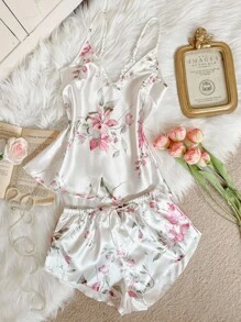 LuxeNights 2 Stücke/Set Damen sexy tiefer V-Ausschnitt Trägerhemd, bedruckte Shorts, eleganter Satin Schlafanzug, ganzjährig auch außerhalb zu tragen