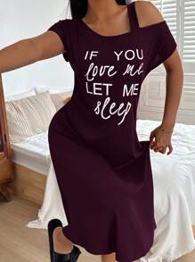 SHEIN Soft Touch Knitted Nightgown In Purple With Cut Out Detail And Casual Letter Print Style, Moo Moo Night Dress - Purple - View 6