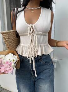 Serisse Ärmellose Damen Strickweste mit Schleife an der Taille, V-Ausschnitt Schleife Lässig Strickweste, Lässig vielseitig, Lässig apricotfarbene V-Ausschnitt Spitzenbesatz Strickoberteil, geeignet für Herbst zum Einzeltragen, Winter als Layering-Top, Schleife Vorne Design, flauschige warme Strickstoff-Textur, taillierter Silhouette, V-Ausschnitt Pullover, einfache Mode Lässig Alltag für Pendeln, Damen Strickoberteil, Pullover für Damen, Herbstkleidung, Winterkleidung, Homecoming, Old Money Stil Damen, Winter für Damen, ärmellose einfarbige Strick Urlaubs Lässig Top mit Schleife - Aprikosenfarben - Übersicht 6