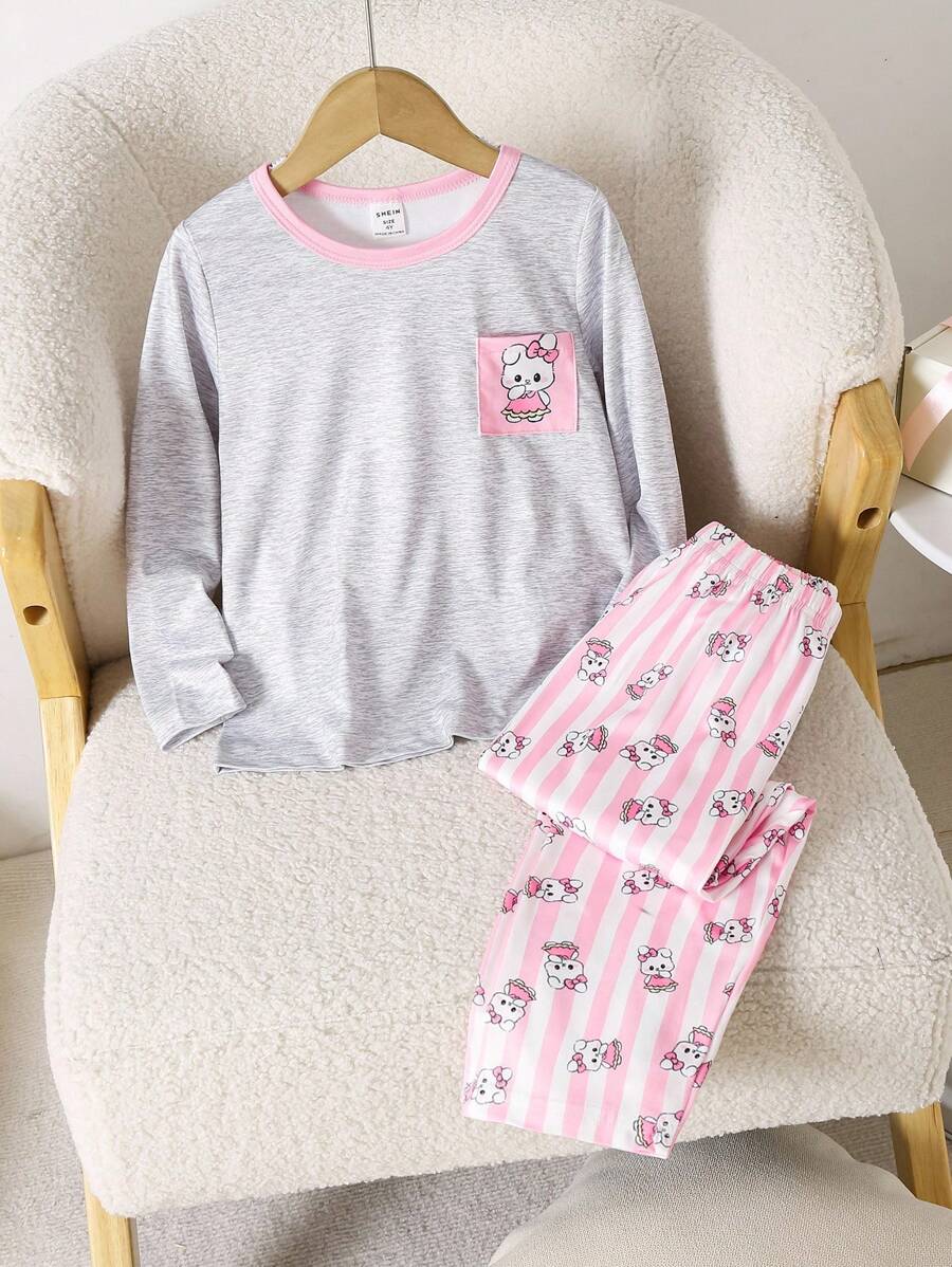 Genkimix Kids 年轻女孩春秋圆领长袖针织套装,俏皮可爱猫咪图案和拼色条纹设计,时尚舒适的家居服 - 彩色 - 查看 1