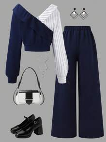 SHEIN Sparklyn 两件套少女套装，优雅通勤装，纯色条纹衬衫+阔腿裤套装，秋冬款 - 彩色 - 查看 8