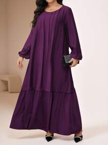 Veilorie Plus Size Women Elegant Everyday Embroidered Solid Color Lantern Sleeve Ruffle Hem Dress,Modest - Purple - View 2