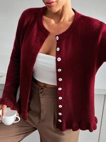 EURMUSE Women's Solid Color Drop Shoulder Long Sleeve Single-Breasted Casual Knit Cardigan Red Cardigan Women Burgundy Cardigan Sweater Ruffle Cardigan Womens Fall Sweaters Womens Winter Sweaters,Petite Cardigans,Cardigans - Burgundy - View 6