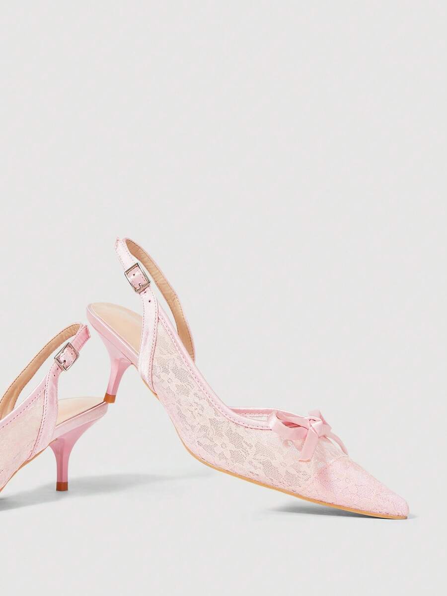 SheIn MOD Women Satin & Mesh Patchwork Bow Decor Pointed Toe Kitten Heel Dress Shoes, Elegant & Fashionable - Pink - View 1