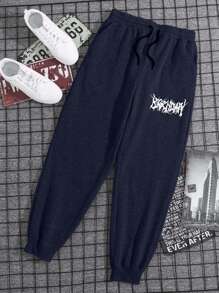 SHEIN Cottnline Cotton Men Letter Graphic Grey Drawstring Waist Sweatpants - Navy Blue - View 4