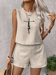 SHEIN LUNE Bộ đồ dệt thoi mùa hè dành cho nữ - Màu be - Xem 4