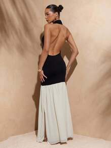 Hauture Women's Two Tone Drop Waist Two Way Neckline Cowl Neck Off Shoulder Sexy Dress, Vacation, Party - Black and White - View 5