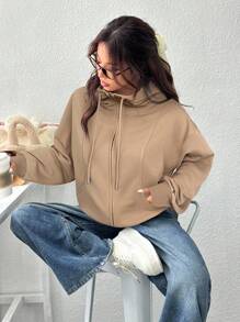 SHEIN EZwear 秋冬女士纯色落肩长袖拉链连帽抽绳宽松休闲运动衫 - 卡其色 - 查看 3