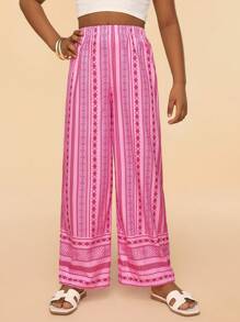 SHEIN Tween Girls' Geometric Print Elastic Waist Relaxed Fit Summer Vacation Pants - Pink - View 3
