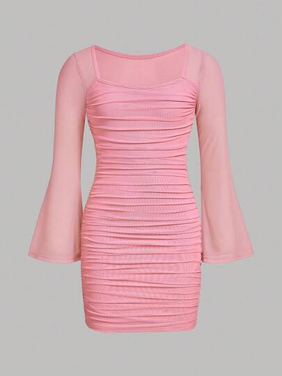 SHEIN Girlism Tween Girls Elegant Formal Knitted Solid Color Square Neckline Mesh Bell Sleeve Ruched Long Sleeve Snug Fit Dress, For Autumn White Daily Wear Ruched Long Sleeve Long Sleeve Pink Dress Ruched Mini Dress Pink Dress With Sleeves Ruched Pink Mini Dress Fall Winter