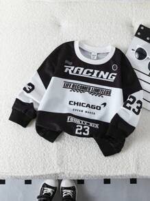 SHEIN 年轻男孩赛车印花圆领街头风套头衫，适合秋冬赛车运动衫图案运动衫，儿童赛车时尚男童服装儿童长袖运动衫 - 黑色 - 查看 3